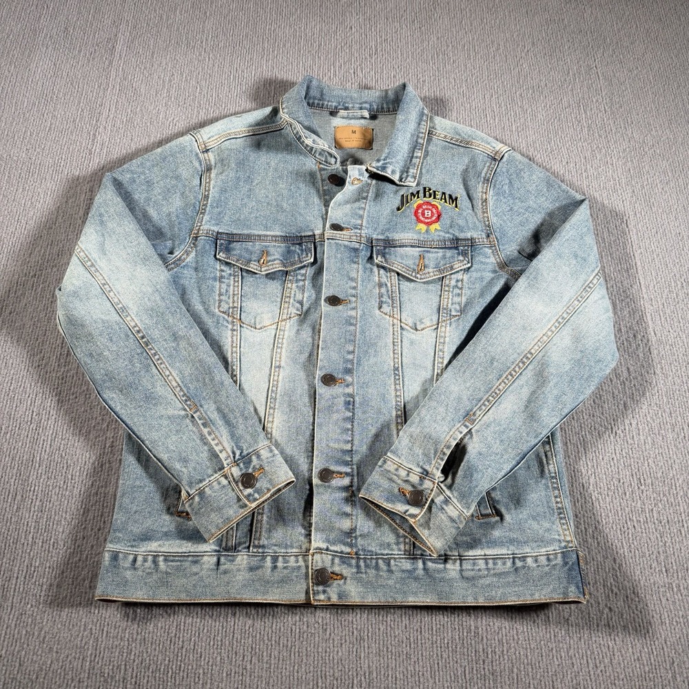 Jim Bean Blue Denim Trucker Jean Jacket‎ Mens Medium Distressed Pockets